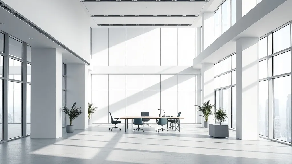 A minimalist architectural visualization of a modern office
